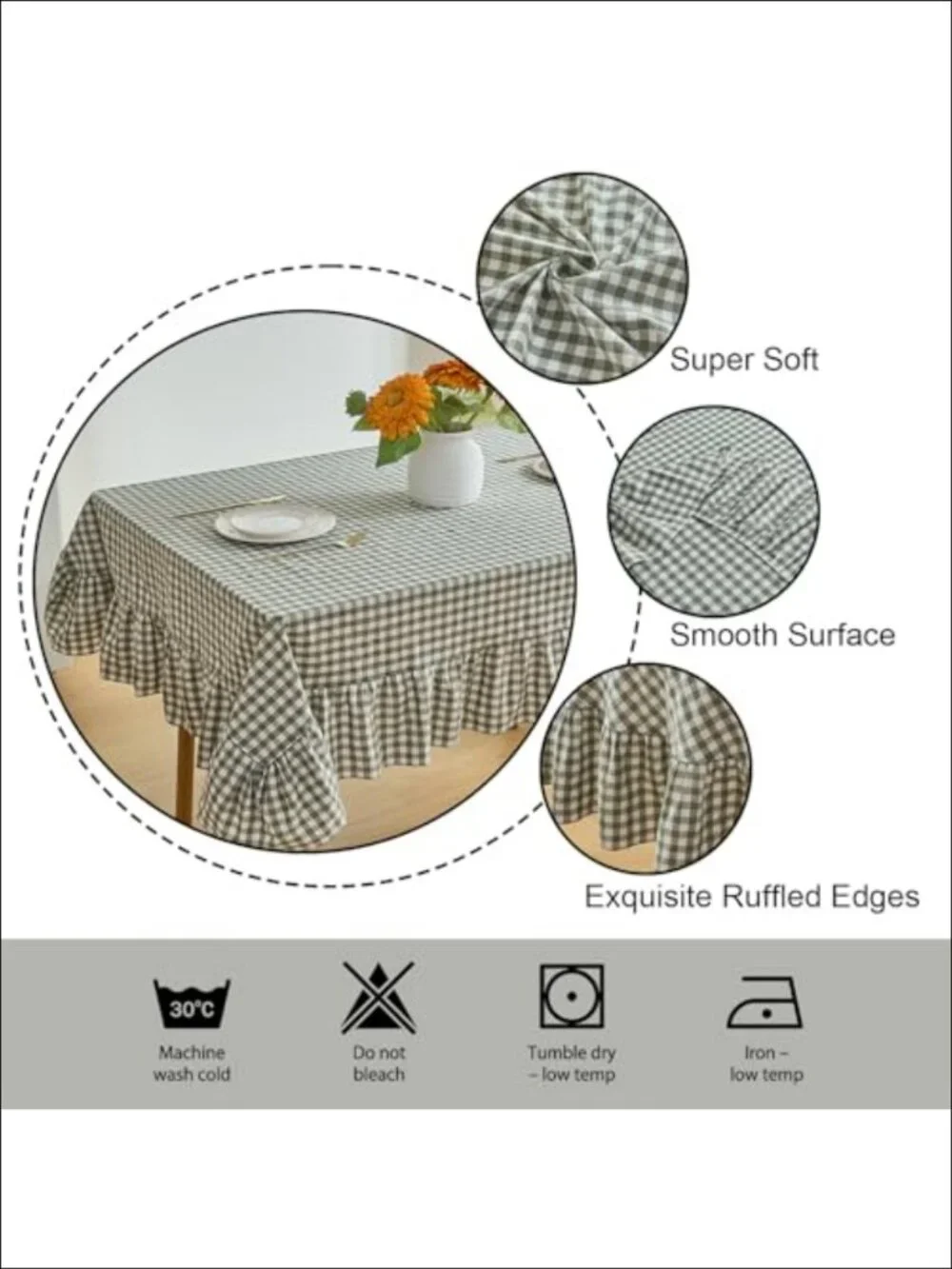 Washed Cotton Tablecloth Gingham Check Ruffled Dining Kitchen